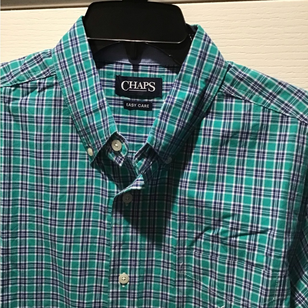CHAPS Casual Shirt Green/Blue Plaid (L)